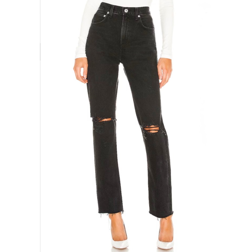 AGOLDE Cherie High Rise Straight Leg Jeans Size 26 Black Ripped Raw Hem Grunge